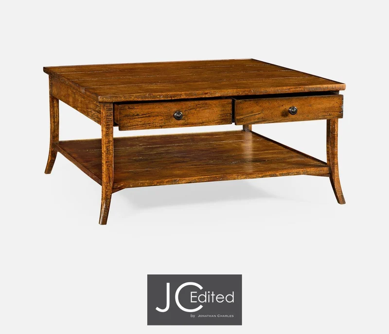 Square Coffee Table with Drawers Rustic in Country Walnut