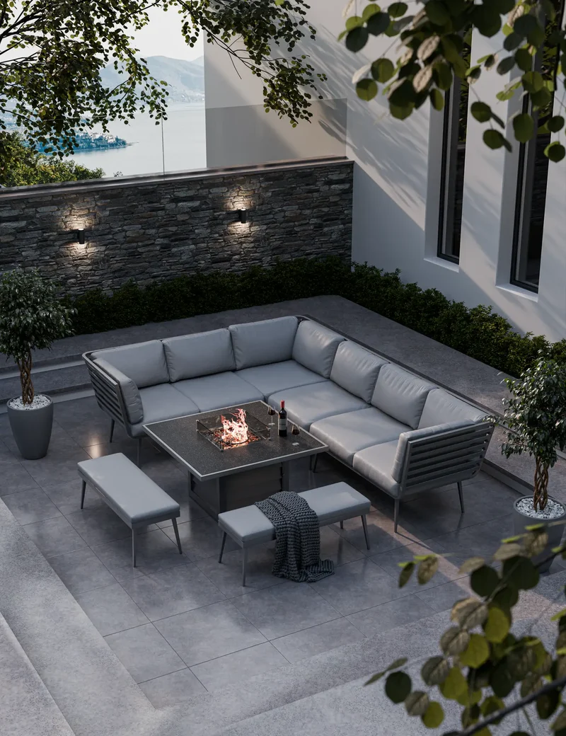 Mayfair Corner Lounging Set with Fire Pit Table and 2 Benches
