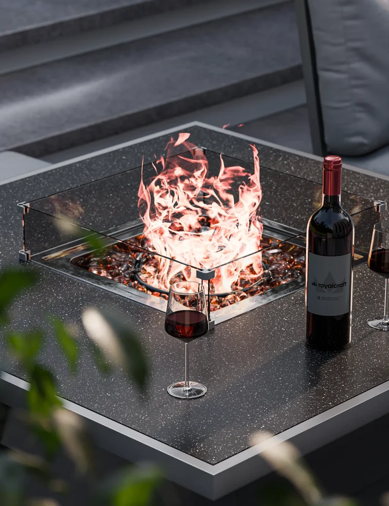 Mayfair Corner Lounging Set with Fire Pit Table and 2 Benches