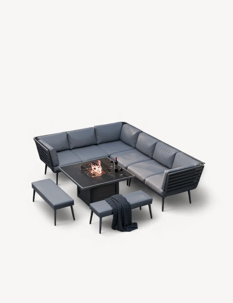 Mayfair Corner Lounging Set with Fire Pit Table and 2 Benches