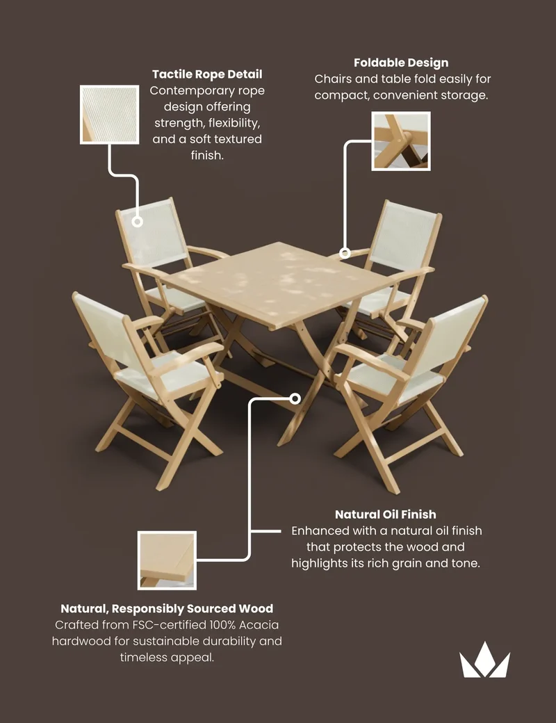 London 4 Seater Square Folding Set with London Rope Folding Armchairs
