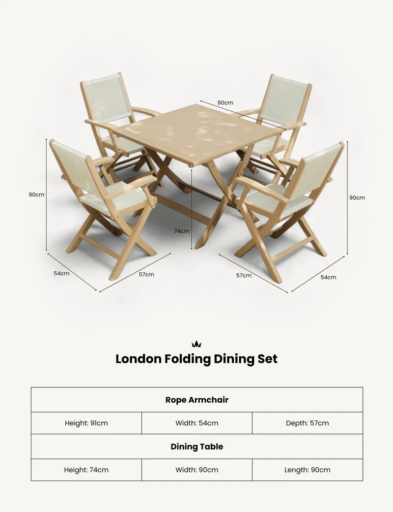 London 4 Seater Square Folding Set with London Rope Folding Armchairs