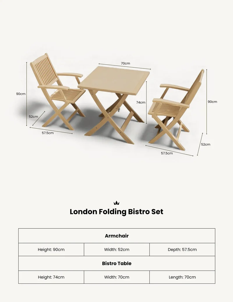 London 2 Seater Square Folding Bistro Set with London Folding Armchairs