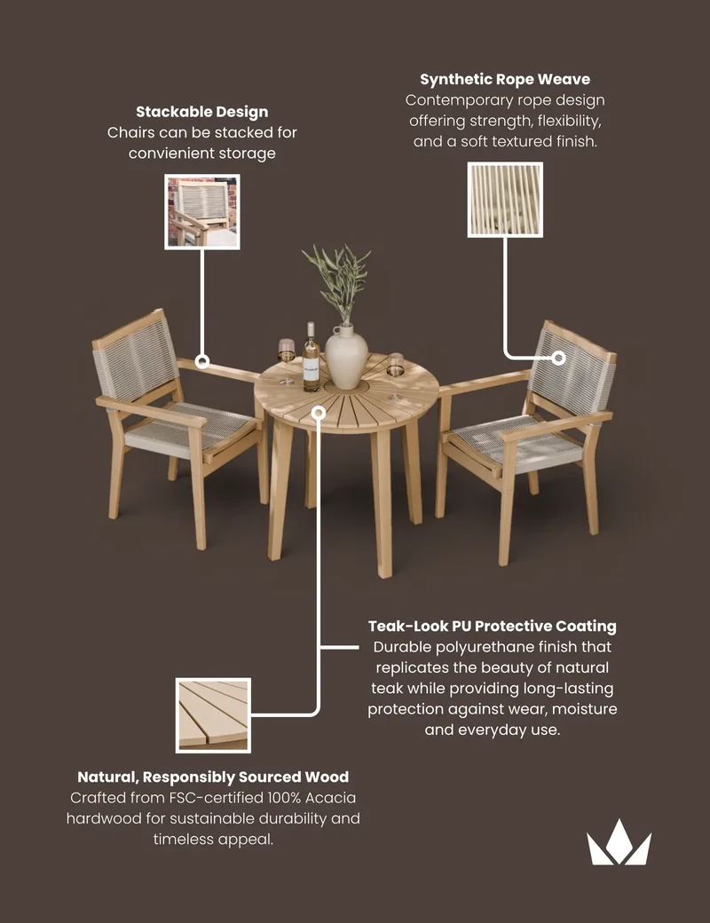 Roma 80cm Round Sunray Bistro Set with Roma Rope Stacking Chairs