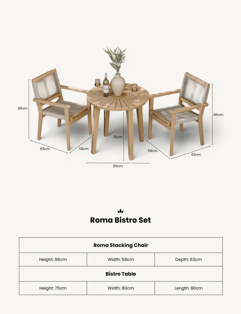 Roma 80cm Round Sunray Bistro Set with Roma Rope Stacking Chairs