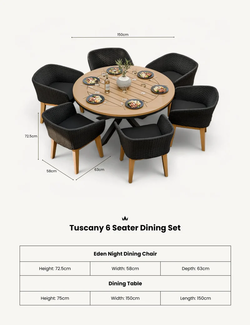 Tuscany 6 Seater Round Dining Set with Eden Night Dining Chairs