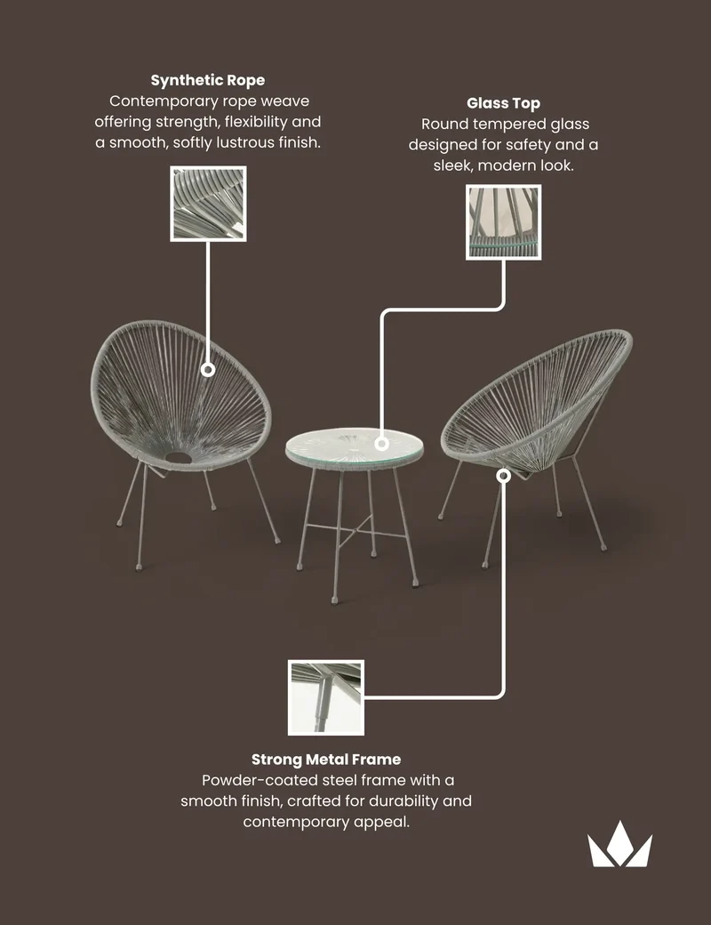 Monaco 2 Seater Egg Chair Bistro Set - Grey
