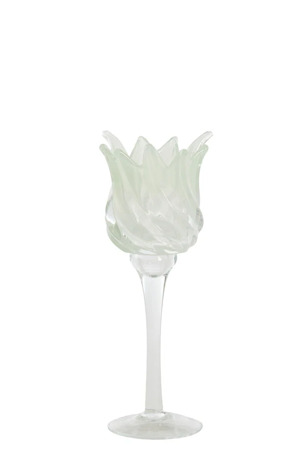 Tealight on base 9,5x24 cm FLORA glass clear+mtt mint green