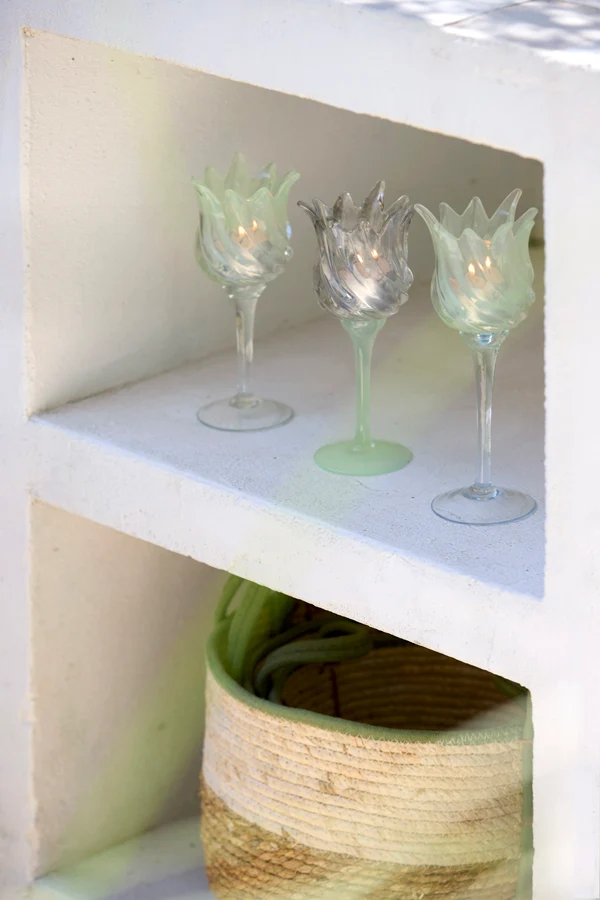 Tealight on base 9,5x24 cm FLORA glass clear+mtt mint green