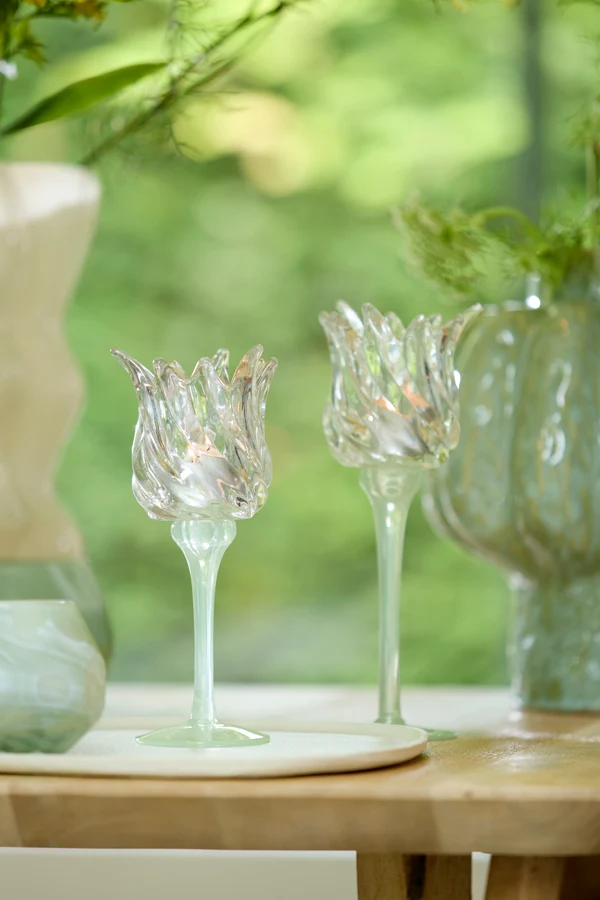Tealight on base 9,5x24 cm FLORA glas matt mint green+clear