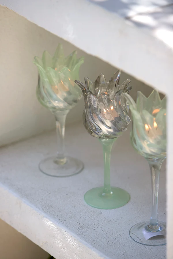 Tealight on base 9,5x21 cm FLORA glass clear+mtt mint green