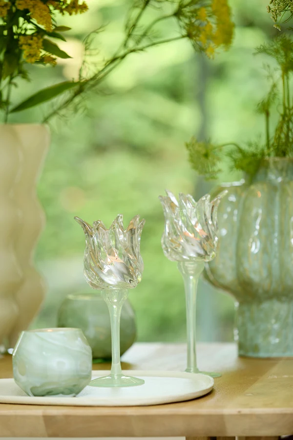Tealight on base 9,5x21 cm FLORA glas matt mint green+clear