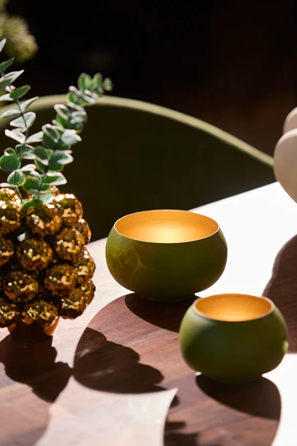 Tealight 15x9 cm RAPALLO matt olive green+gold