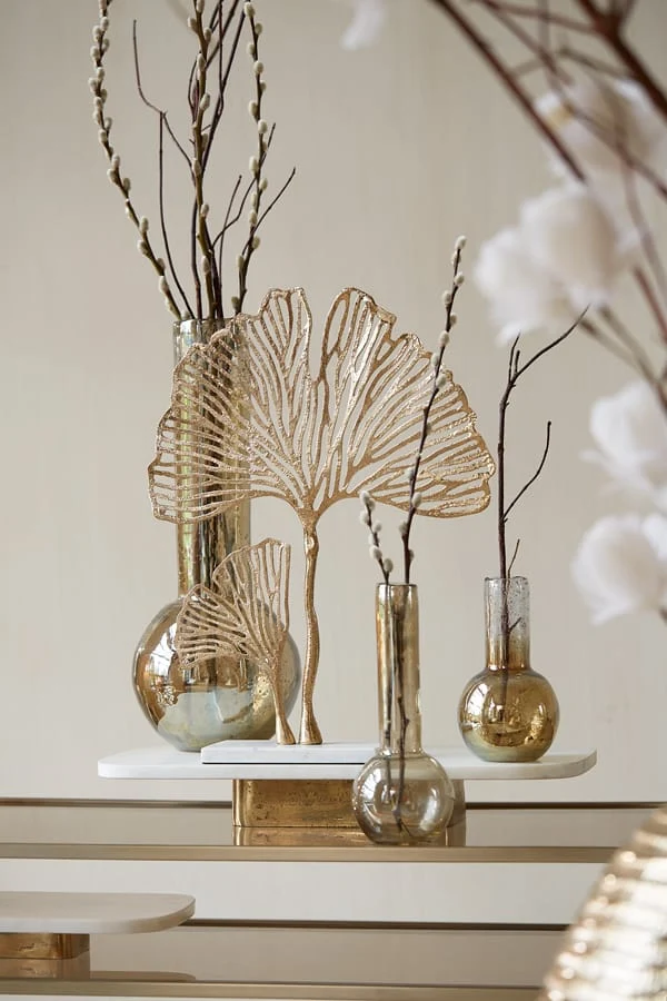 Ornament on base 36x10x48 cm LEAF gold+marble white