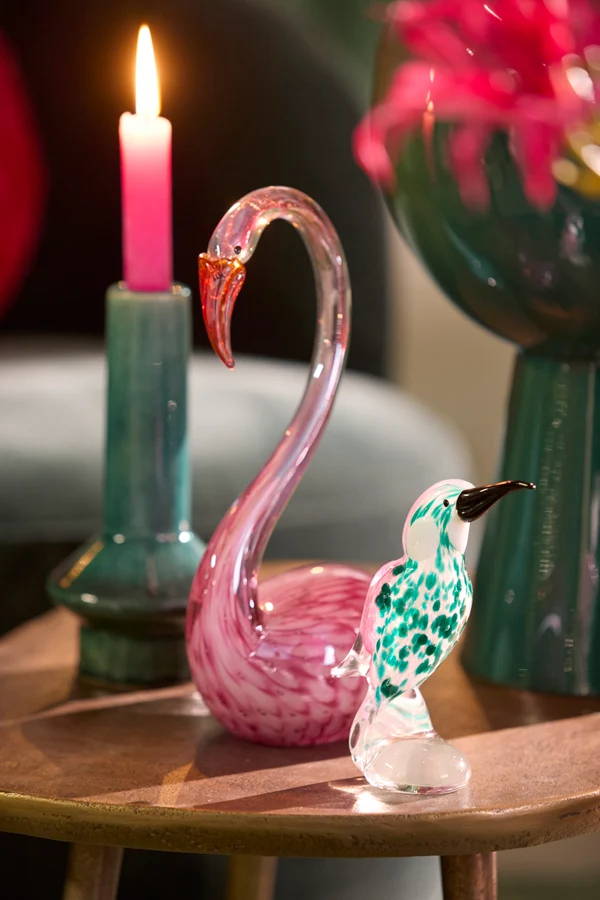 Ornament 8x5x16 cm BIRD glass emerald green+pink