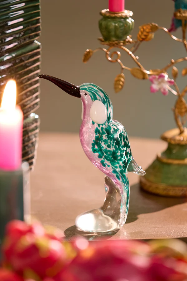 Ornament 14,5x8x19 cm BIRD glass emerald green+pink